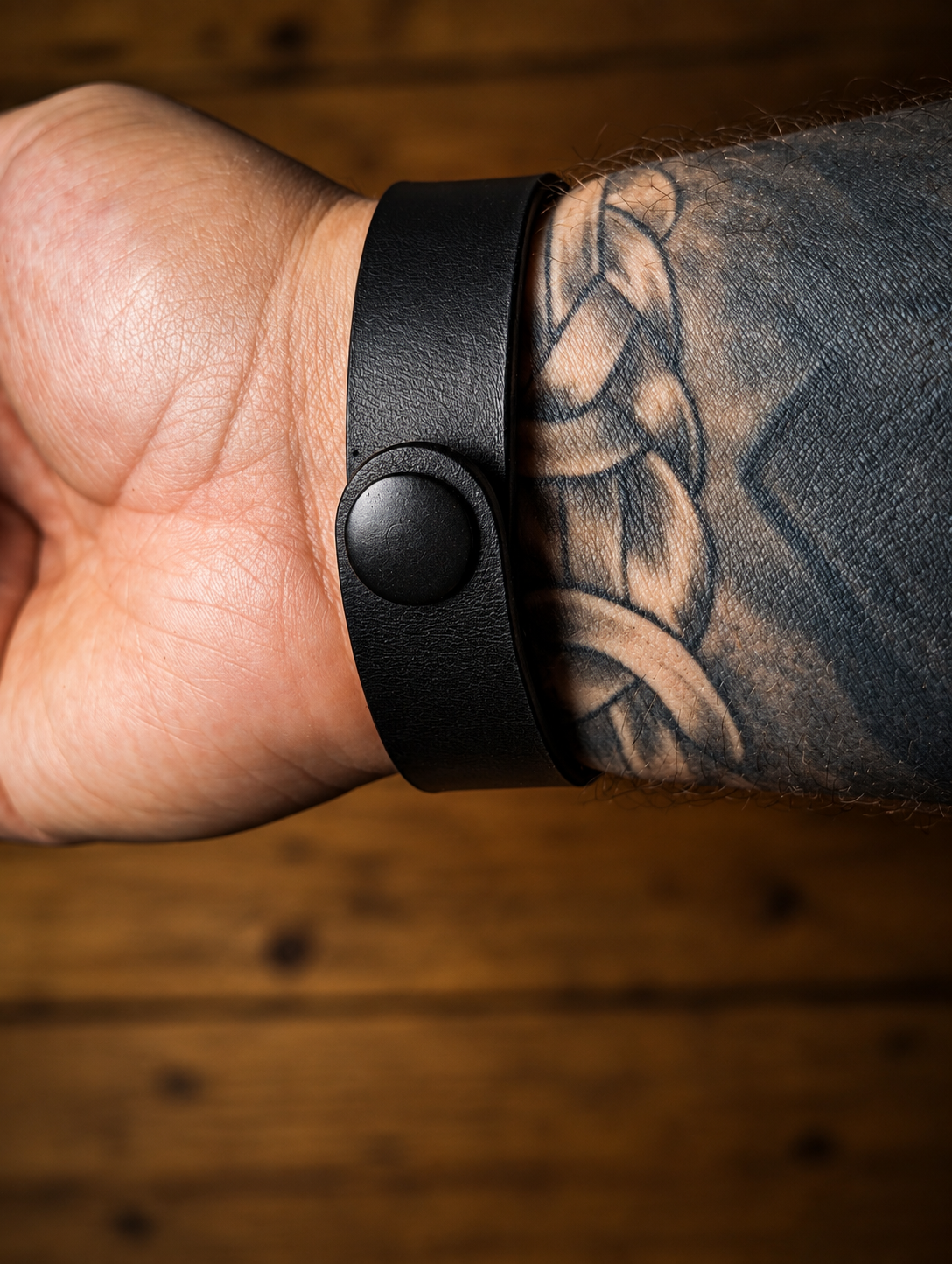 Handgefertigtes Lederarmband mit schlichtem Design. Unterseite mit Druckknopf