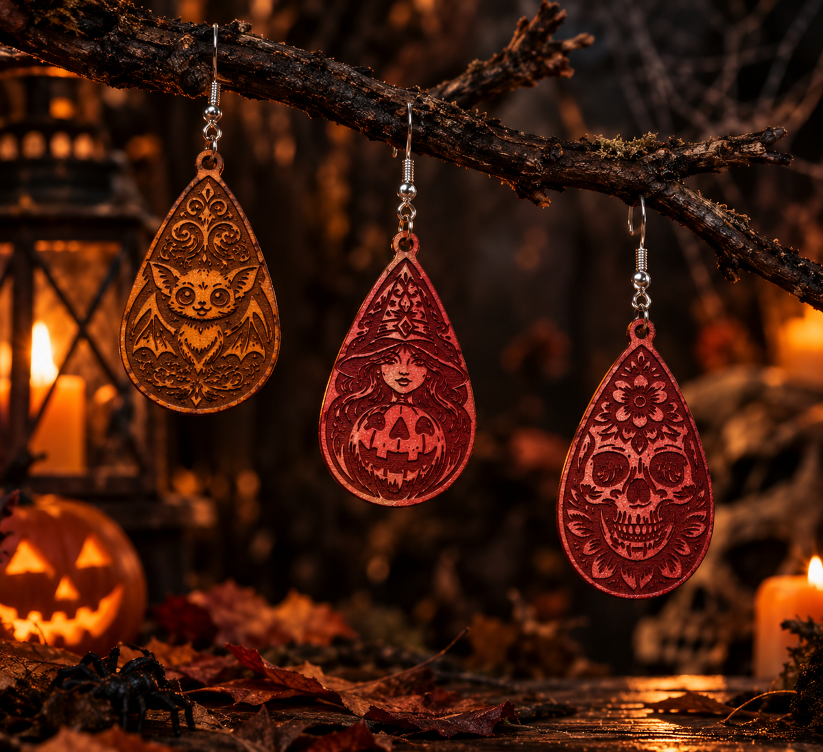 Halloween-Ohrringe aus Leder – Fledermaus, Hexe & Schädel
