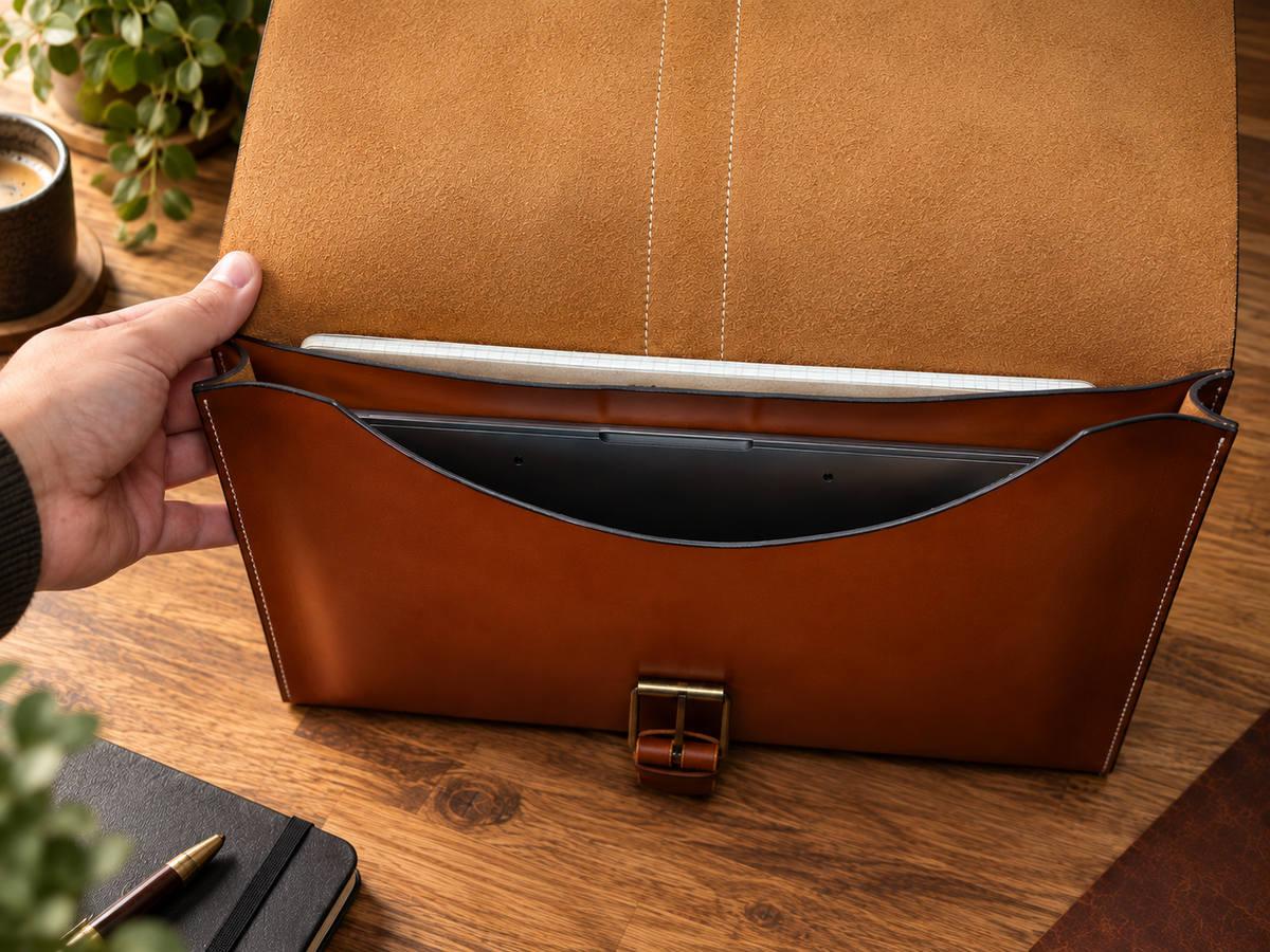 Handgefertigte Leder-Laptoptasche „Heritage“. Stehend und geöffnet