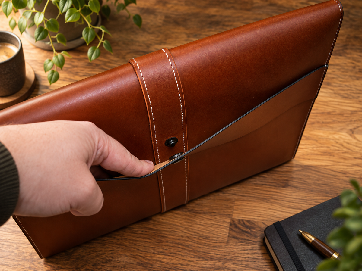 Handgefertigte Leder-Laptoptasche „Heritage“. Trolleyriemen
