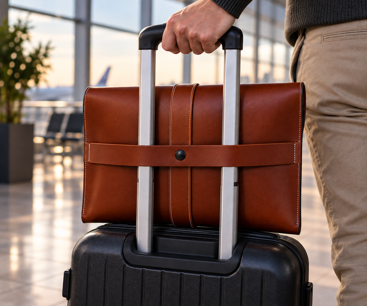 Handgefertigte Leder-Laptoptasche „Heritage“. Rückseite am Koffer