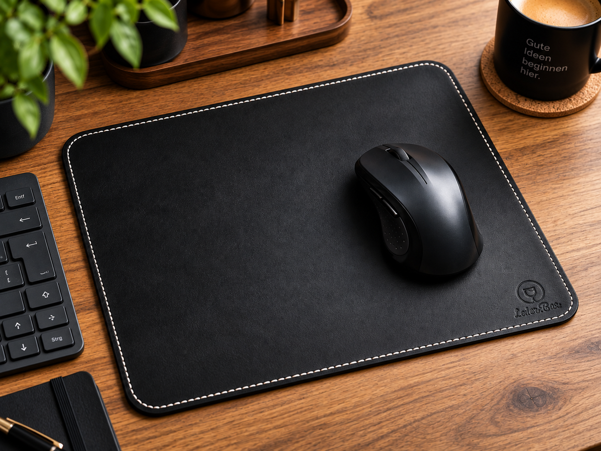 Handgefertigtes Mauspad aus pflanzlich gegerbtem Rindsleder. Schwarzes Mauspad auf Schreibtisch