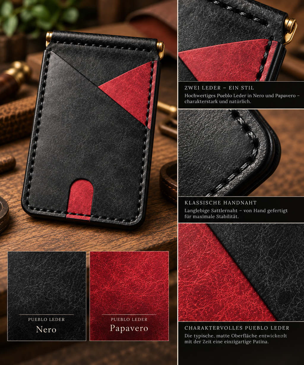 Slim Wallet „Nero“ aus italienischem Pueblo-Leder. Rote Details