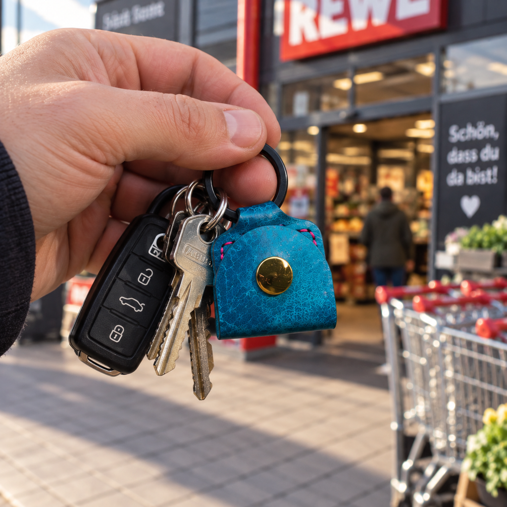 Handgefertigtes Talertäschchen aus Leder für Einkaufswagenchip und Münze. Am Schlüsselbund